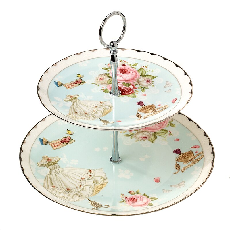 Ceramic Double Layer Fruit Dessert Plates Cake Snack Tray Holder Display Rack European Flower Style Living Room Home Decor Plate