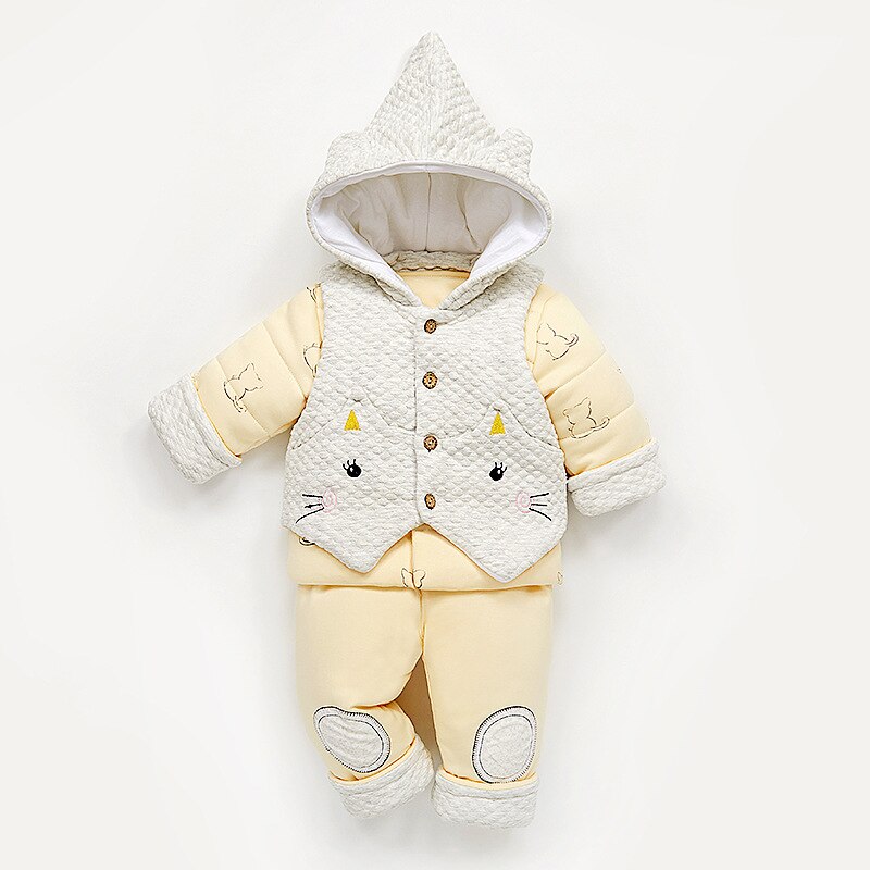 3 Pcs/set Baby Girl Winter Clothes Hooded Velvet Warm Baby Boy Clothes Coat+Vest+Pants Infant Clothing Set for 0-1 years old: yellow / 6M