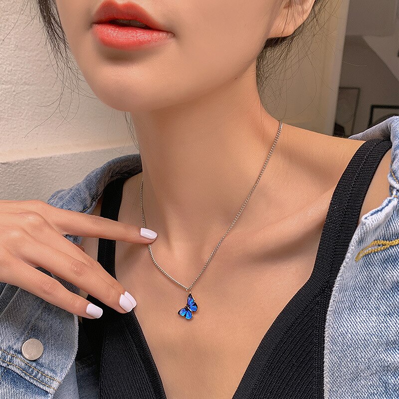 Paars Blauwe Vlinder Hanger Ketting Voor Vrouwen Sleutelbeen Keten Vintage Titanium Wedding Ketting Choker Sieraden