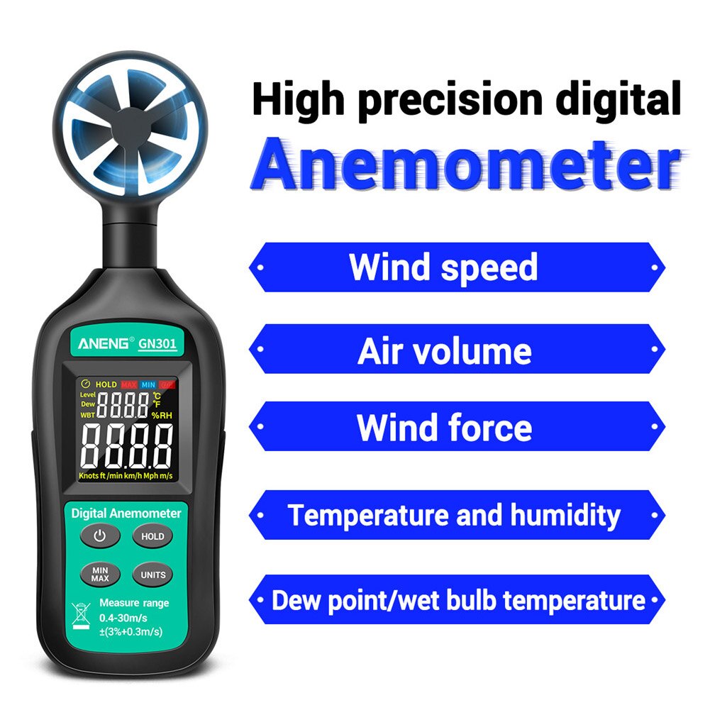 Anémomètre numérique, compteur de vitesse du vent, outil de débit d'air d'usine, testeur portable, écran lcd de haute précision, rétroéclairage de la température