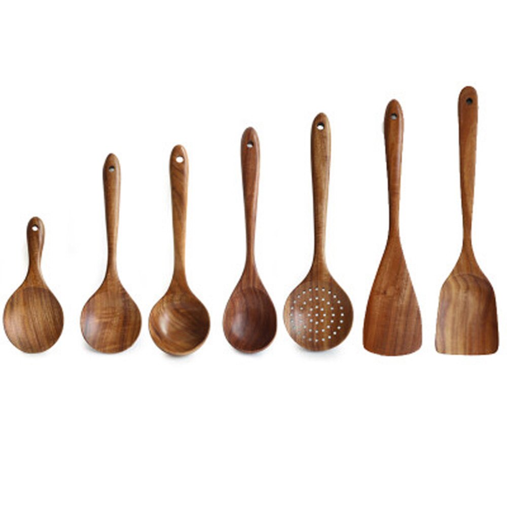 Teak Wooden Non Stick Cookware Cooking Teak Wood Practical Tableware for Kitchen: 7pcs set