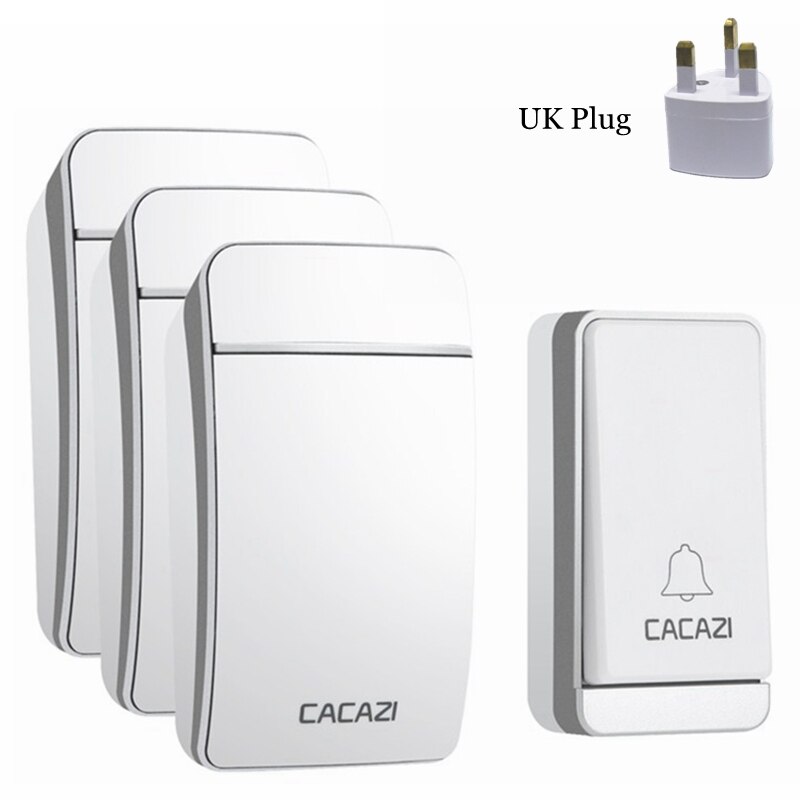 CACAZI Self-powered Wireless Doorbell Waterproof No Battery LED Flash 1 Button 3 Receiver Smart Home Cordless door bell chime: Silver 1x3 UK