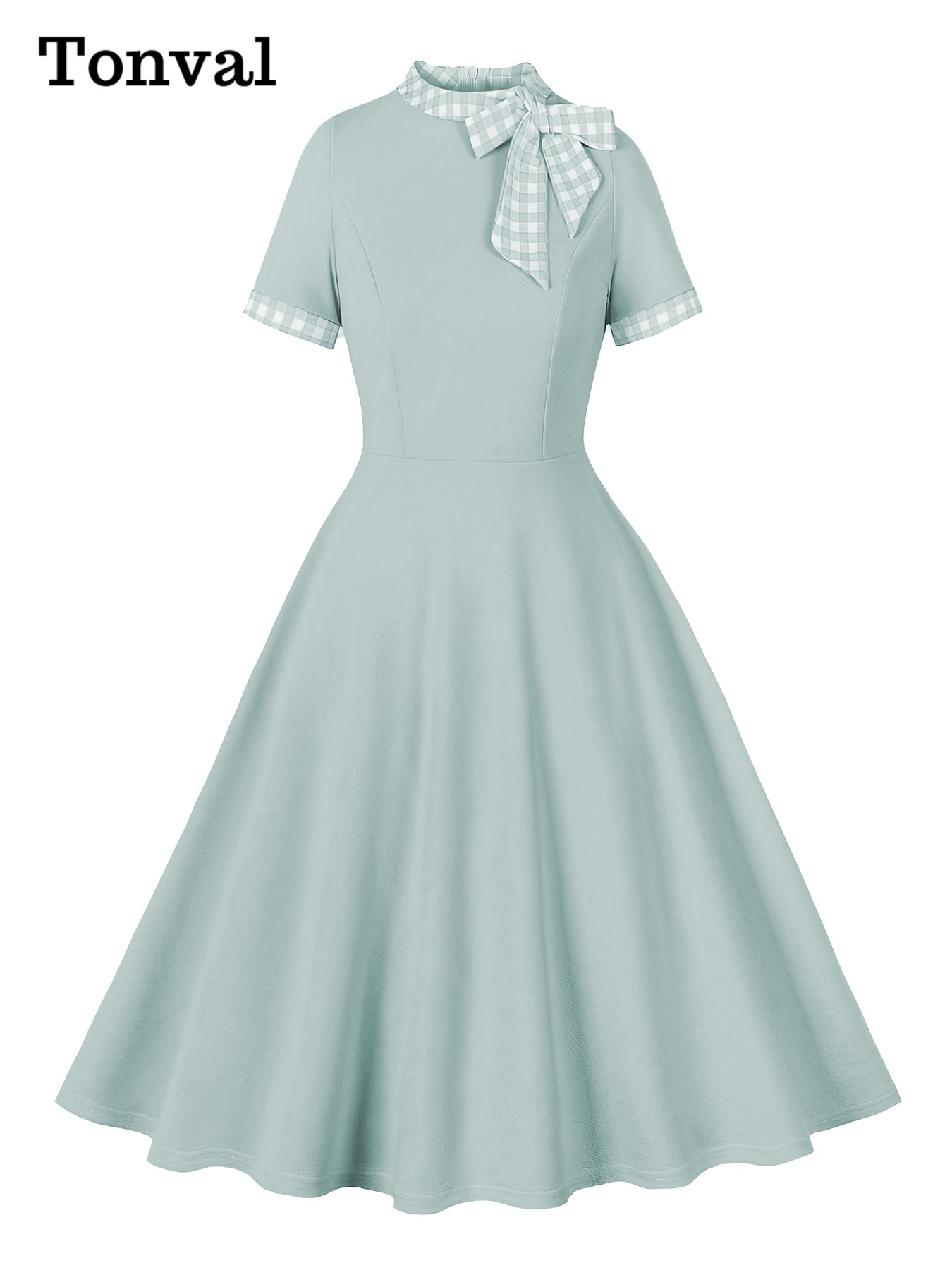 Tonval Contrast Plaid Tie Neck 1950s Dresses Birthday Women Gorgeous Clothes Summer A-Line Flare Dress