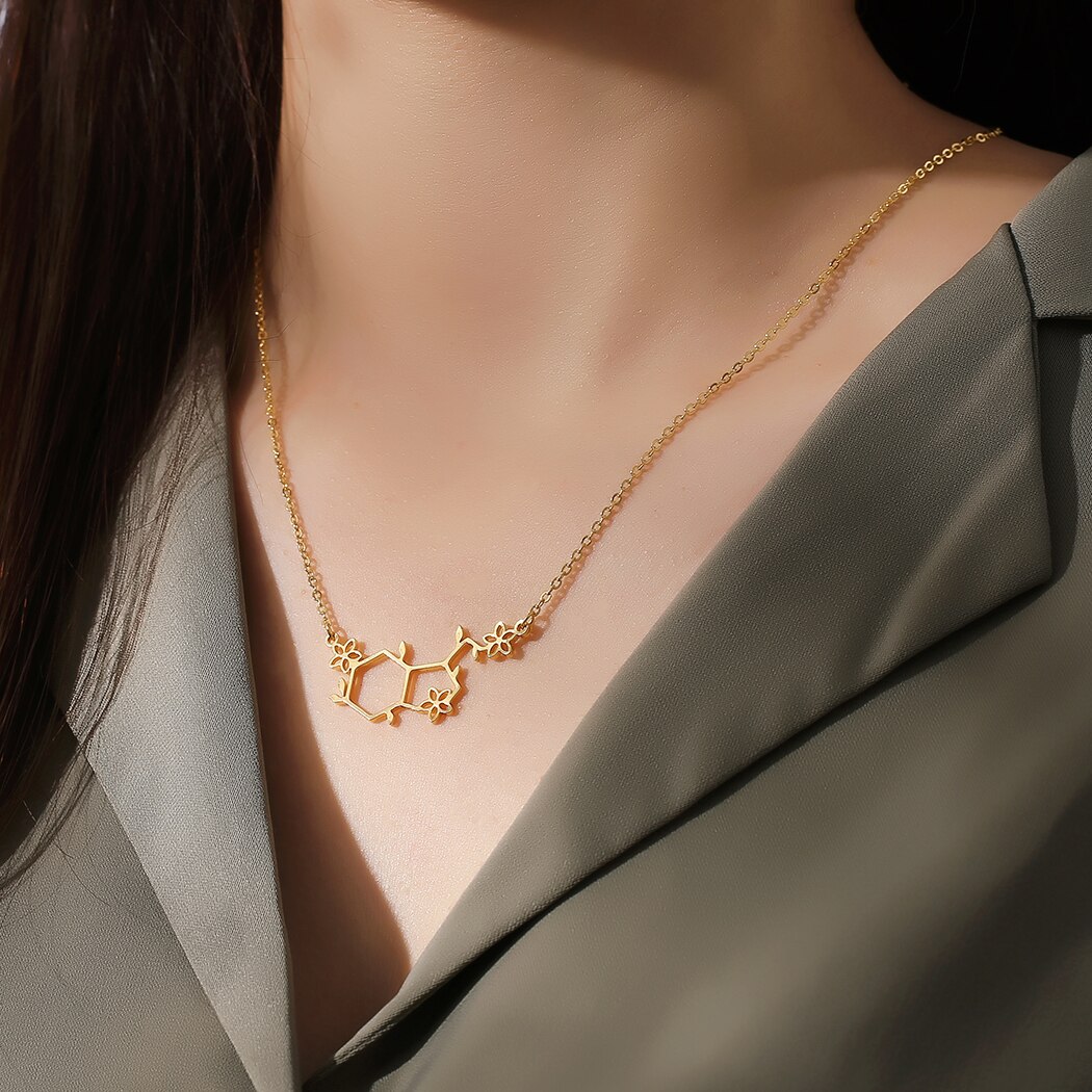 Qiming serotonin molecule with flower pendant necklace for women chemistry science jewelry geometric necklace collar