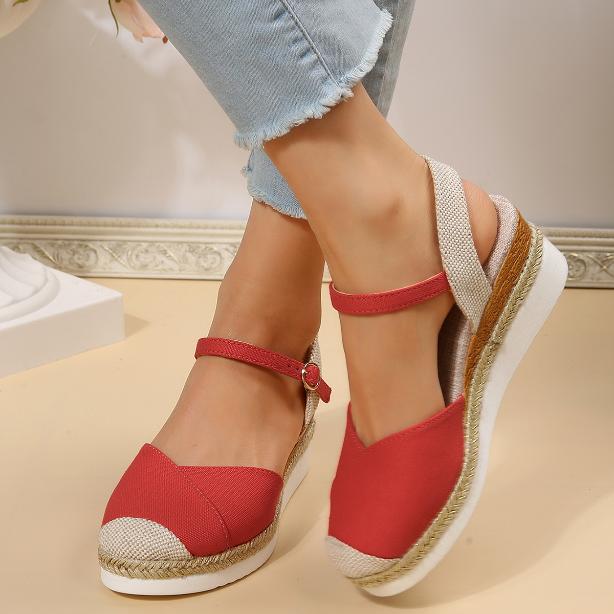 Sandalias de cuña con punta cerrada para Mujer, zapatos de gladiador con correa y hebilla, alpargatas de para Mujer, Sandalias con plataforma para Mujer 2024: Rojo / 37