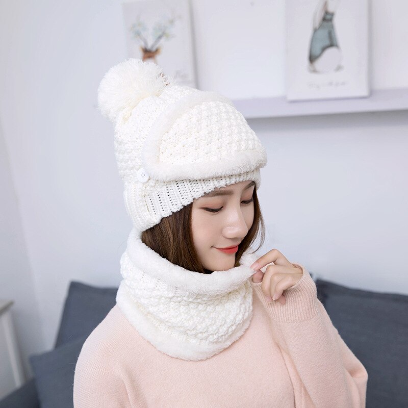 Håndstrikkede hatte kvinders hat vinterkold hatdragt koreansk varme hatte kombination: Hvid