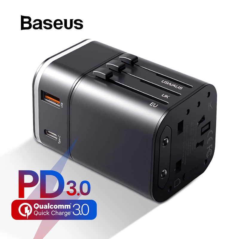 Baseus 18W Quick Charge 3,0 USB Ladegerät Reise Adapter mit PD3.0 Schnelle Telefon Ladegerät Globale Umwandlung Ladegerät Weltweit Adapter