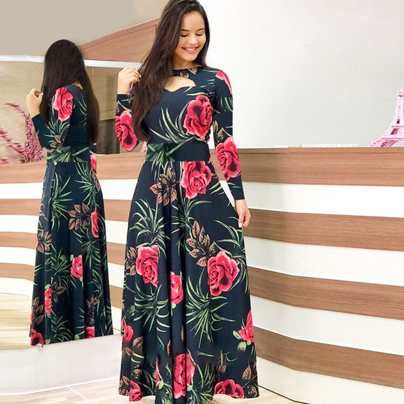 Kvinders efterårsprint langærmede slim fit vestido rund hals blomster hule maxikjoler roupas mujer 5xl: 4xl / Grå