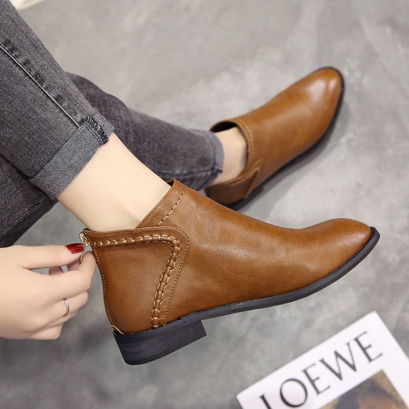 Bottes en cuir PU pour femmes, chaussures quotidiennes à talon carré, fermeture éclair, respirantes, confortables, à bout pointu, rétro, automne: Marron / 39