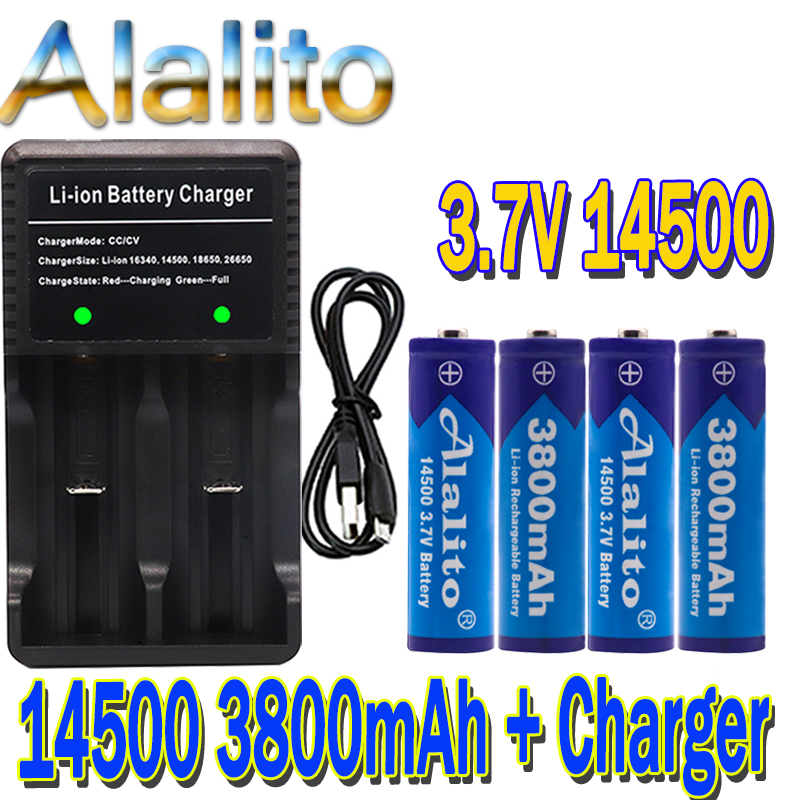 Original 14500 battery 3.7V 3800mAh Rechargeable Li-ion Batteries For Flashlight + EU US Battery Charger