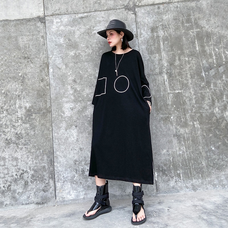 [EAM] vestido largo negro estampado de patrón de talla grande cuello redondo manga larga ajuste suelto Primavera otoño 1Z424