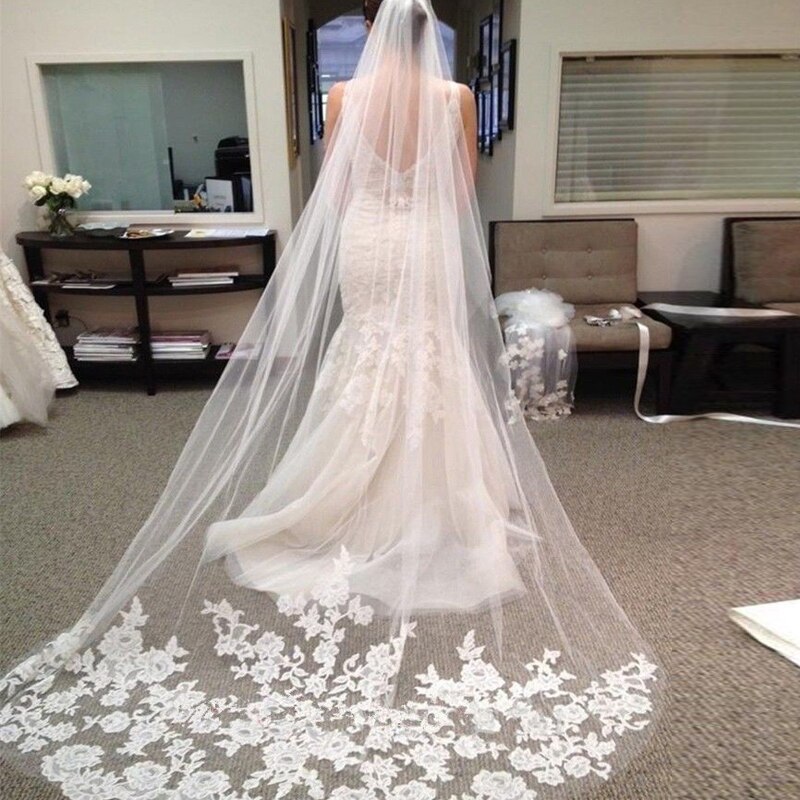 Accessoires de voile de mariée de mariage Appliques Tulle Long voile de mariage dentelle bord voile de mariée avec peigne veu de noiva longo