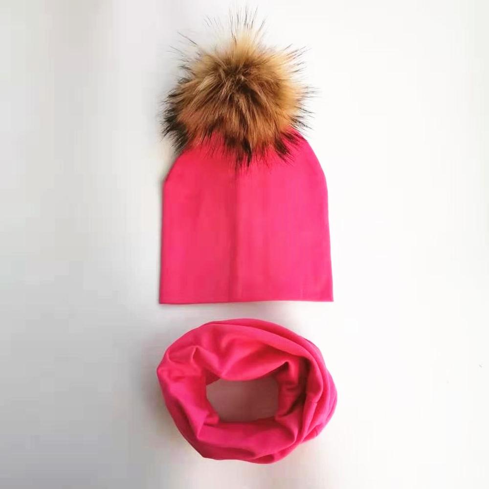 Kinderen Pom Pom Hoed Herfst Winter Baby Hoed Meisjes Jongens Cap Kids Beanie Bonnet Kraag Sjaal Set Baby Cap fotografie Props: 2 hot pink