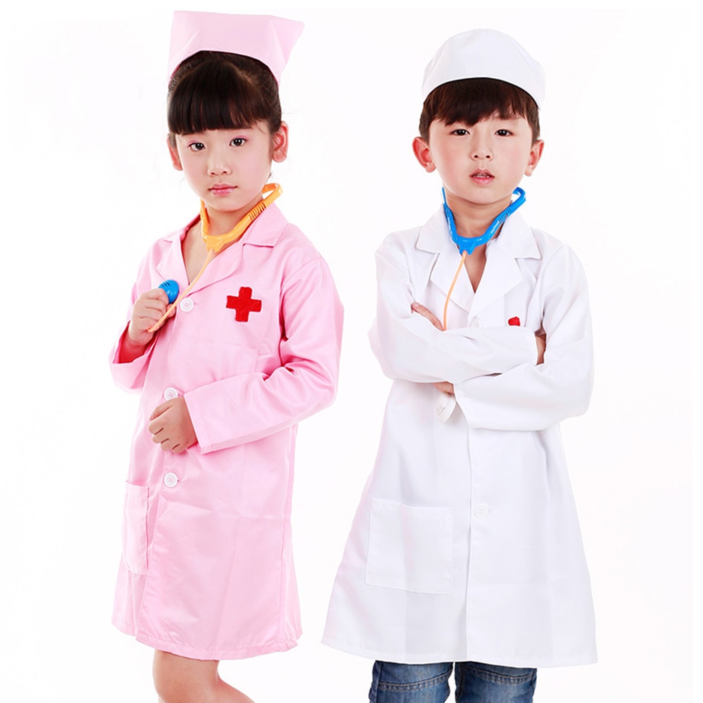 Unisex Kids Boys Girls Doctor Surgeon Halloween Cosplay Dress up Coat with Cap Nurse Play Tools Set Outfits