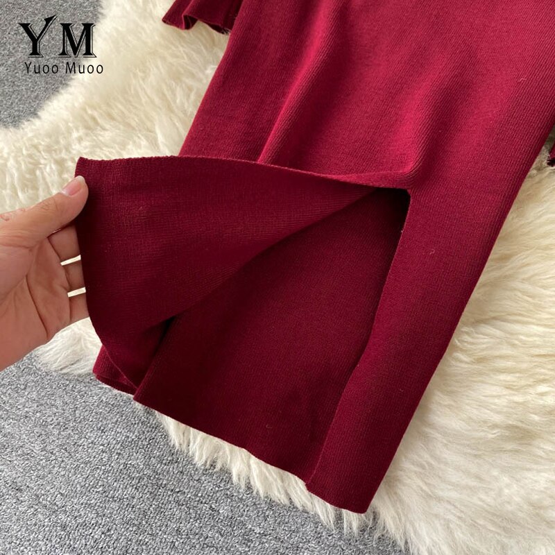 Yuoomuoo Gebreide Jurk Vrouwen Herfst Winter Eenvoudige V-hals Split Bodycon Jurk Elegante Knielange Werk Jurk Dames Jurk Vestido