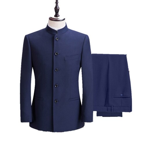 Herrstativ krage i kinesisk stil slim fit tvådelad kostymset / manlig zhong shan kavaj kavaj kappa byxor: Marin / 3xl för 75-80 kg