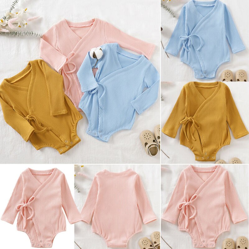 Lioraitiin nova moda recém-nascidos crianças do bebê meninas meninos quimono sólido macacão de algodão manga longa macacão de algodão outfits