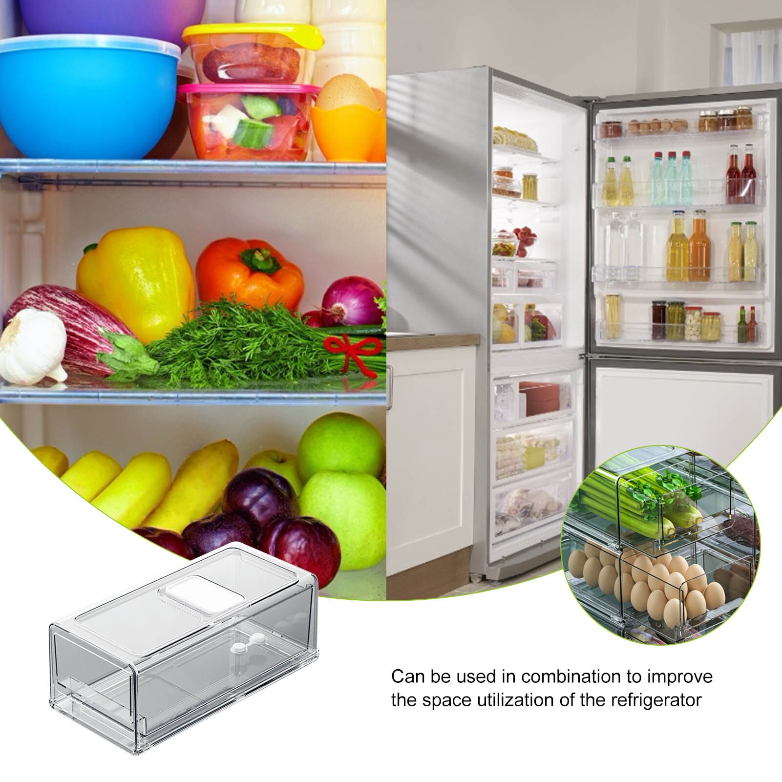 Refrigerator Food Storage Containers With Drainer Kitchen Vegetable Fruit Fresh Storage Box With Lid Fridge Stackable Organizer