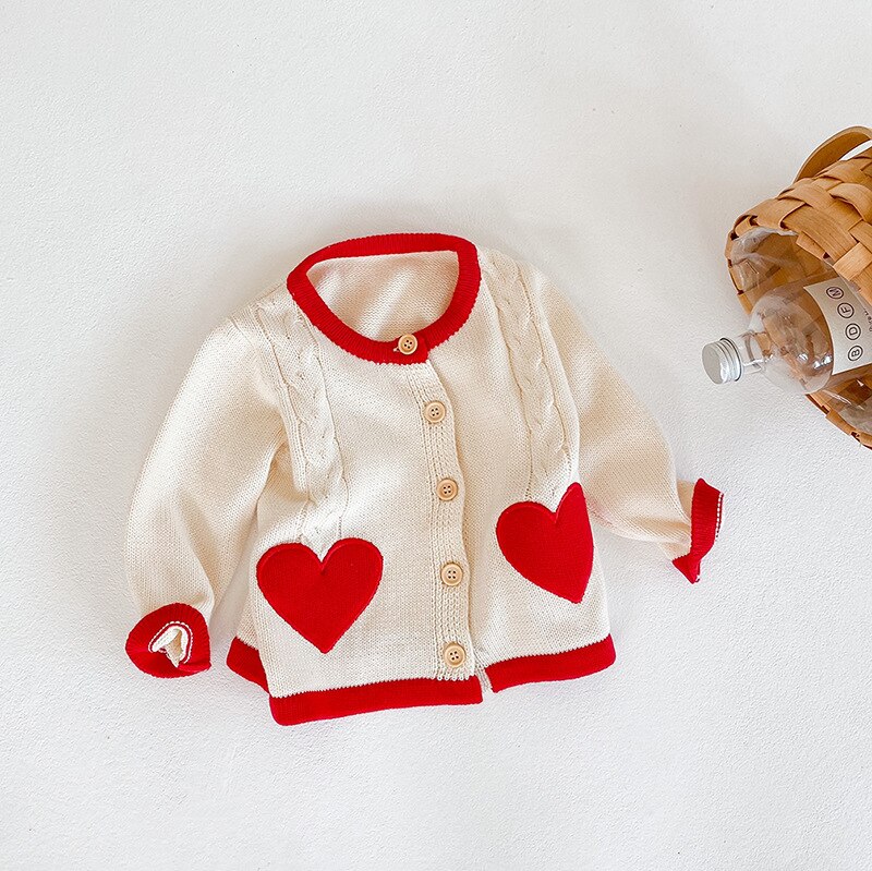 Baby Girl Cardigan Sweater Kids Coat Heart Printed Knitted Color Pattern Sweater Long Sleeve Jacket for Toddlers Girls Sweaters
