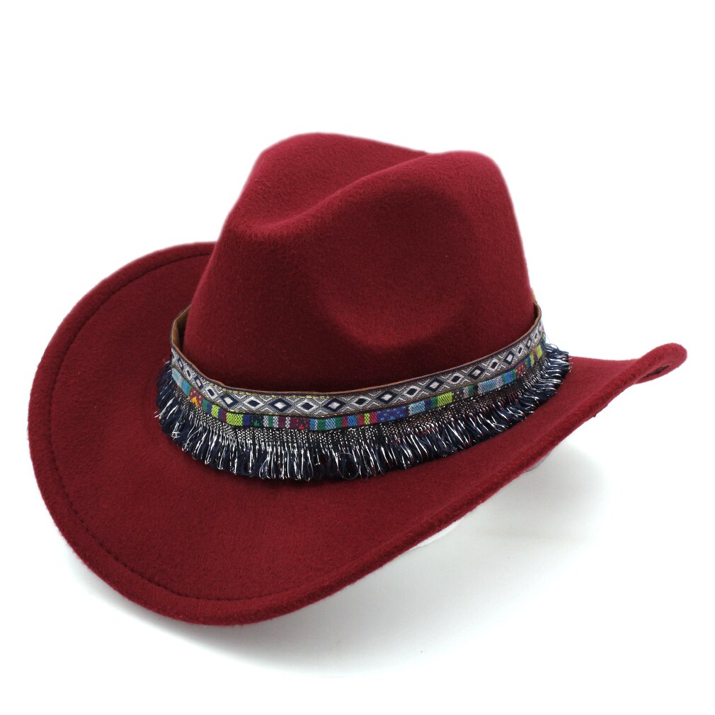 Mistdawn klassiske kvinder mænd western cowboy ridning hat ridning cowgirl cap bred brim m / bohemia kvast bånd størrelse 56-58cm: Rødvin