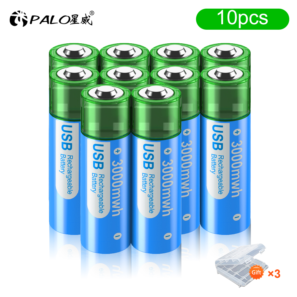 PALO 3000mWh 1.5V AA Li-ion battery HR6 AA USB Rechargeable Lithium batteries 2A AA USB Port Charging Battery With Battery Box: green