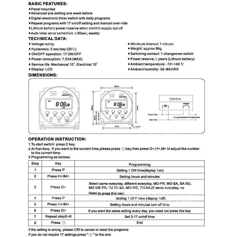 Cn101a 12v 24v 110v 240v minuterie d'alimentation lcd numérique interrupteur programmable réveil minuterie d'éclairage interrupteur minuteries