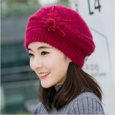 Ski Wandelen Mutsen Vrouwen Winter Hoeden Gebreide Meisjes Bonnet Caps Bergbeklimmen Dame Hoeden Wol Bont Beanie Bloem Skullies Hoed: Wine red