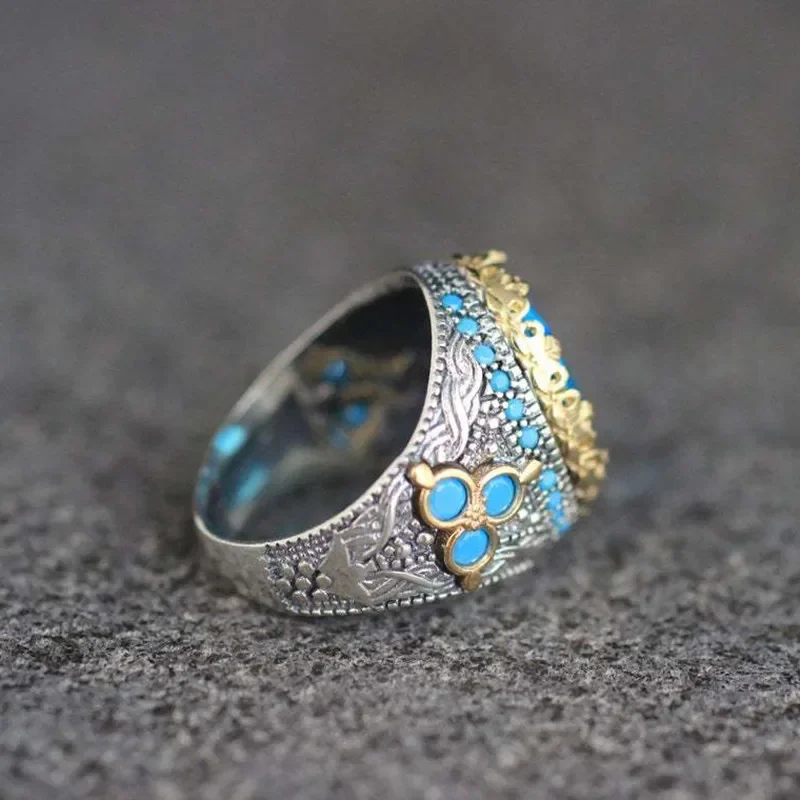 Exquisitos anillos redondos de circón azul con incrustaciones de piedra azul cielo, anillos de boda de compromiso de dos tonos de Metal a la para mujeres y hombres, joyería