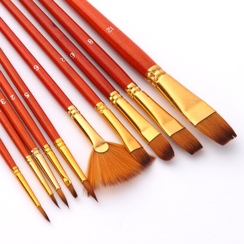 Juego de pinceles de nailon para pintura, suministros de arte , varilla corta, aceite, acrílico, pluma de acuarela, 10 unids/lote