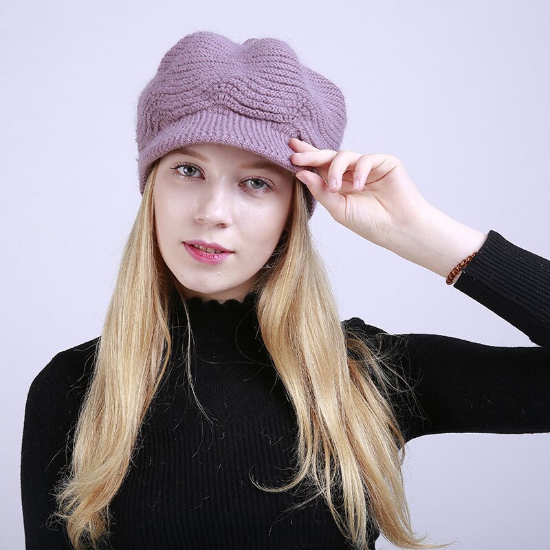 Autumn Winter Brim Wool Hat Solid Color Soft Beanie Female Women Warm Fleece Inside Knitted Visors Cap: Lavender