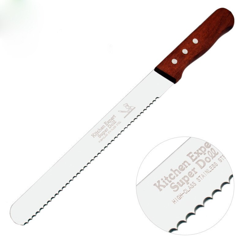 10 Inch Stainless Serrated Bread Knife Wooden Handle Long Baguette Cutter Cake Knife Kitchen Accessories Baking Tools: B
