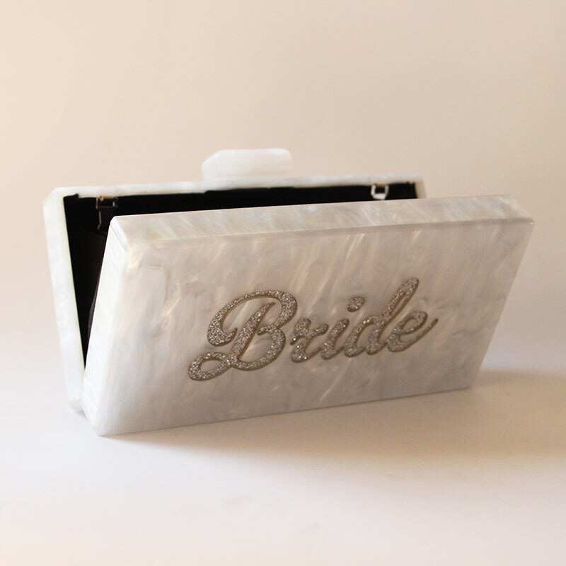 Pearl White Silver Glitter Name Bride Personal Party Beach Summer Lady Acrylic Claps Women Box Clutches Purse Wallet