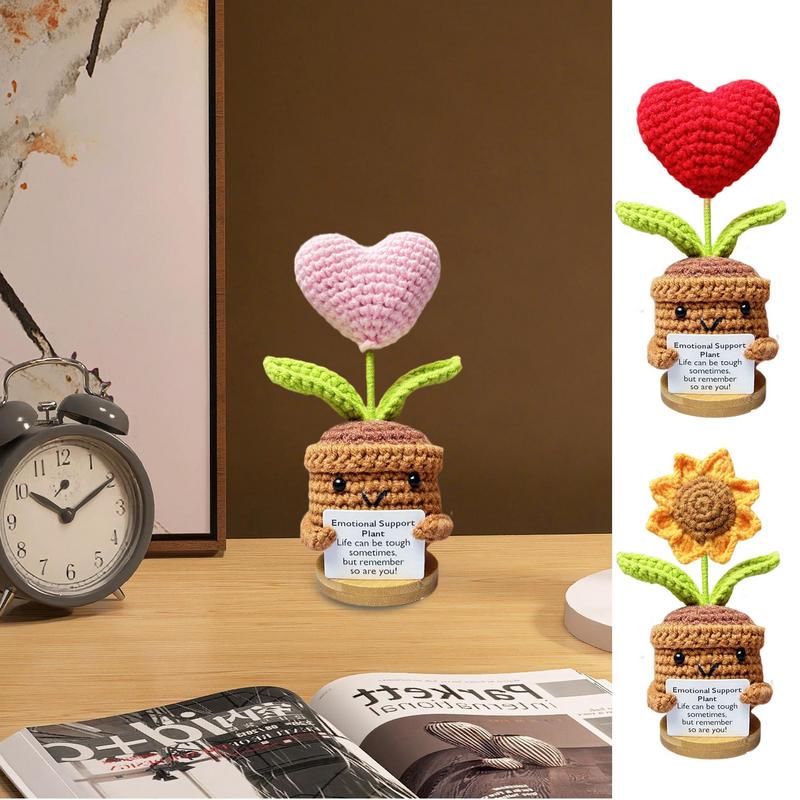 Håndlavede hæklede blomster med positivt kort solsikker hæklet blomst positiv følelsesmæssig støtte strikkede kærlighedsblomster værelsesdeko