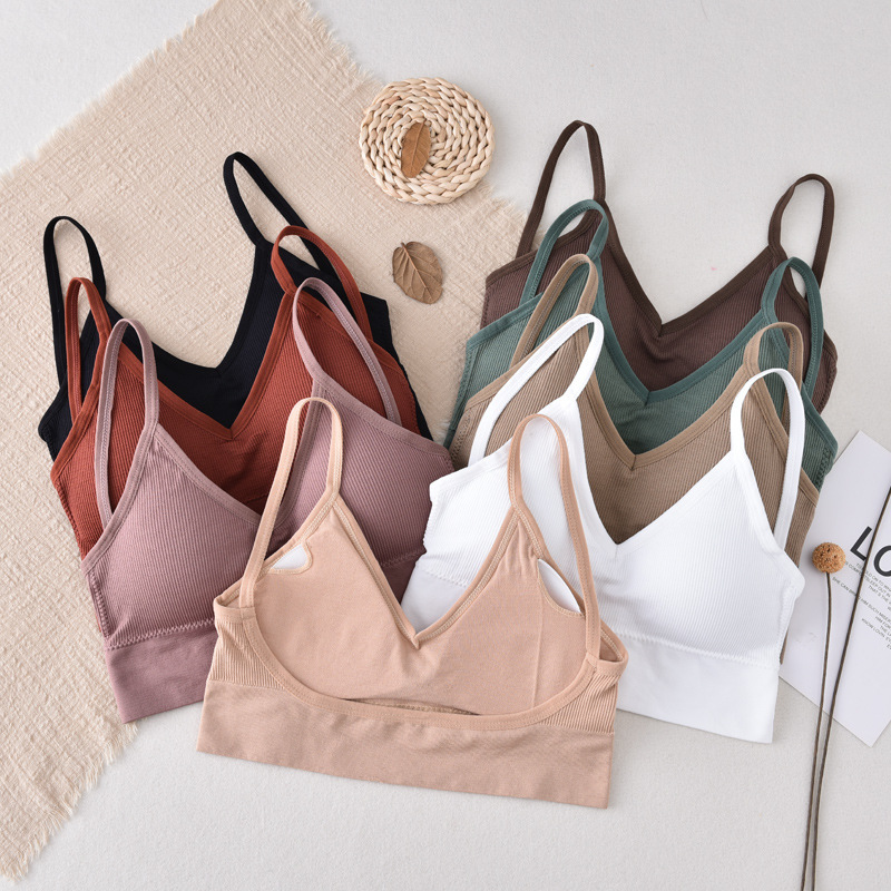 ATHVOTAR Women V-Neck Tube Top Bralette Soild Color Push Up Bra Padded Wireless Thin Shoulder Strap Top Bra Underwear