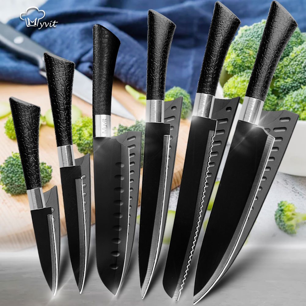 Chef Knives Set Stainless Steel Paring Utility Santoku Chef Slicing Bread Knives Black Blade Kitchen Accessories Set Tools
