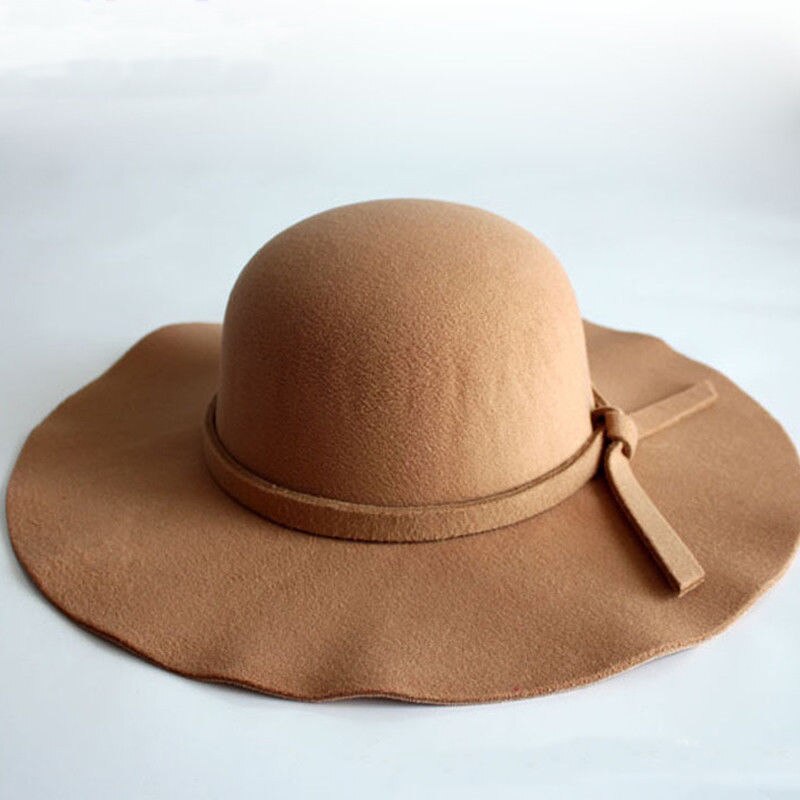 Vintage Lady Womens Wide Brim Wool felt Hat Floppy Felt Bowler Cloche Cap: Khaki