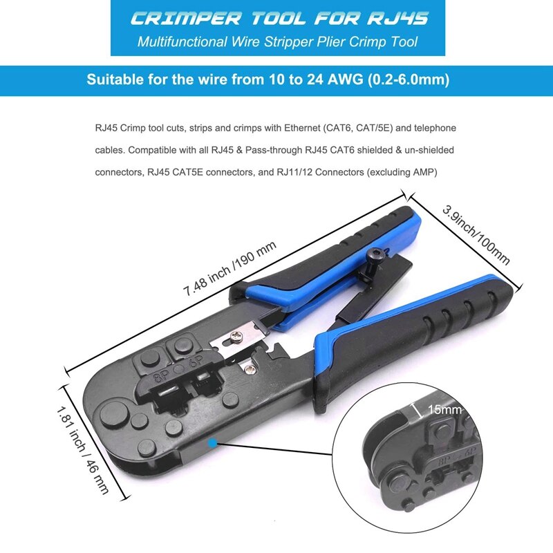 Crimping Tool, 8P/Rj-45 & 6P/Rj-12, Rj-11 Crimp, Cut, Strip Tool with Connectors,Network Wire Stripper and Space Blades