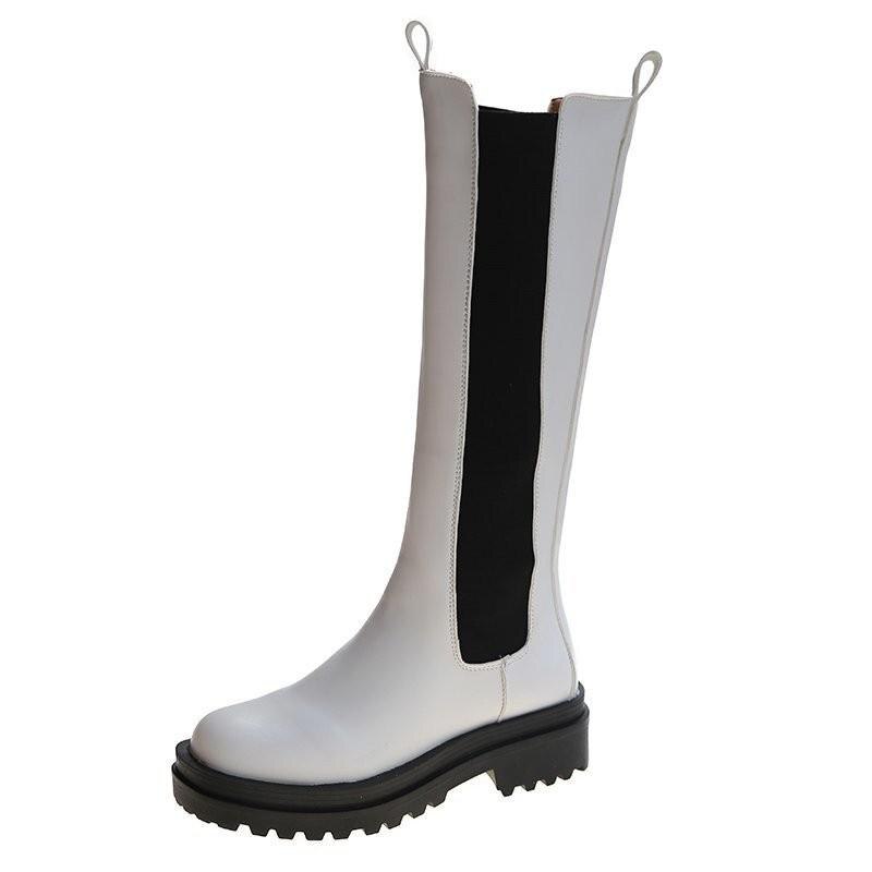 Pu läder plattform knähöga stövlar kvinnor svarta chunky långa chelsea boots kvinna slip on höst bota feminina: Vit / 37
