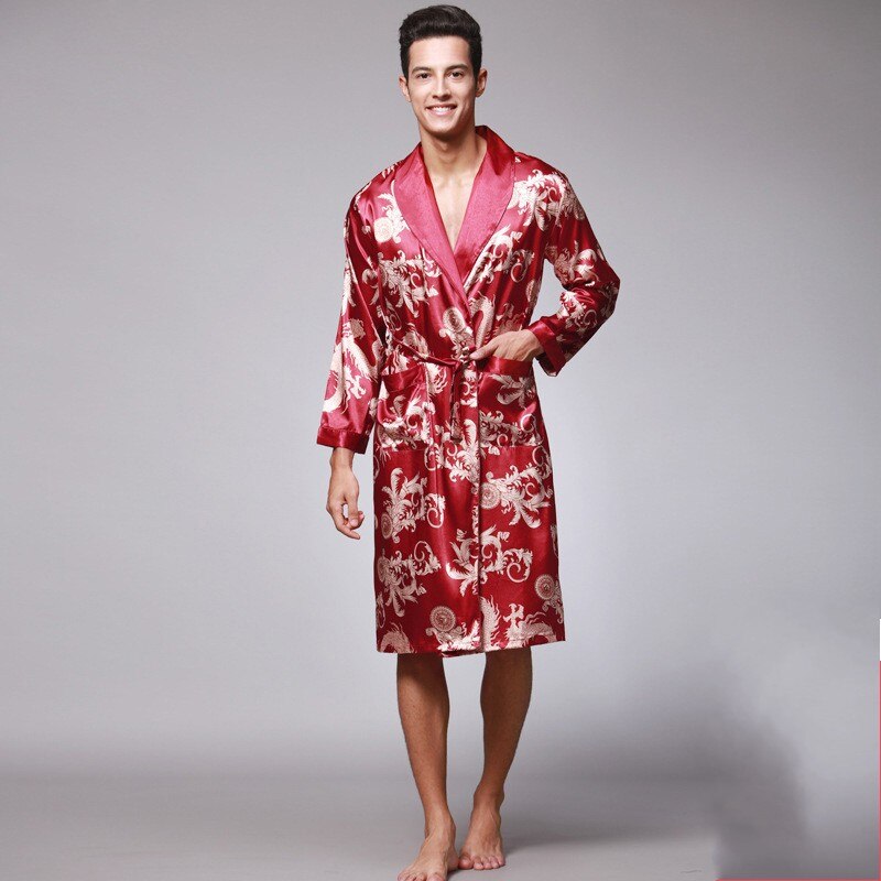 Heren zijden zomer en herfst satijnen kimono badjas gouden draak knielengte lange mouw zwarte badjas kamerjas nachtkleding: Rood / Ik