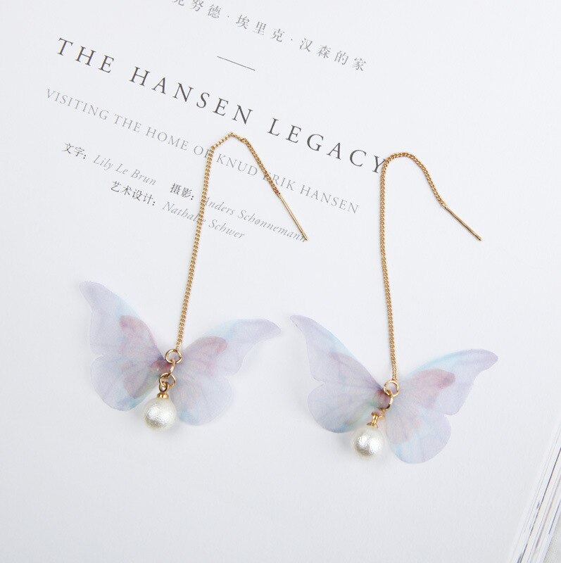 Koreaanse Vlinder Hoek Vleugels Lange Tassel Oorbellen Voor Vrouwen Sieraden Imitatie Parel Crystal Asymmetrische Verklaring Oorbellen: 2