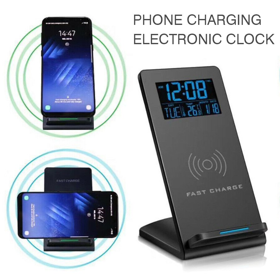 Electric LCD Digital Alarm Clock With Phone Wireless Charger Desktop Alarm Clock