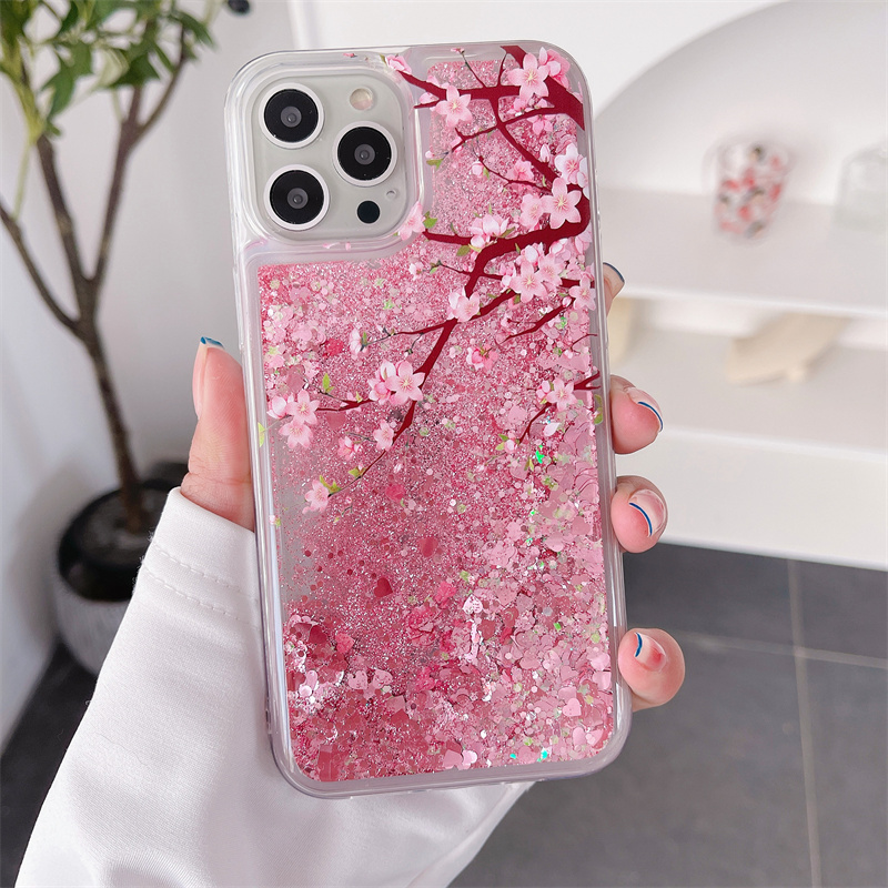 Pink Peach Blossom Quicksand Case for iphone 16 15 14 13 Pro Max 12 Love Hearts Sparkles Liquid Cover Up Down Flowers Funda Capa