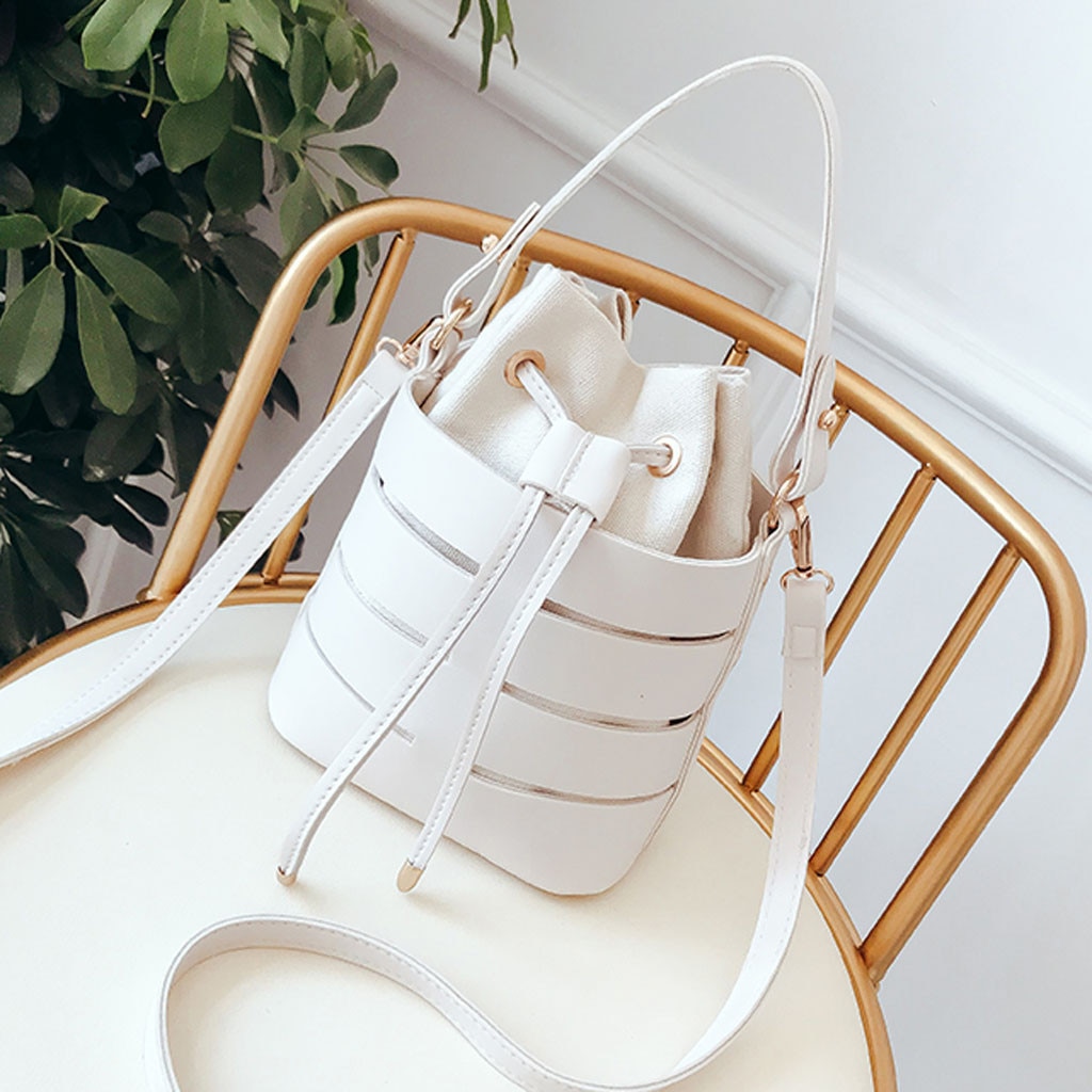 Aelicy Multi-layer Handbag Women's Hollowed Single Shoulder Bag Solid String Closure Softback Messenger Bags Bucket Pu