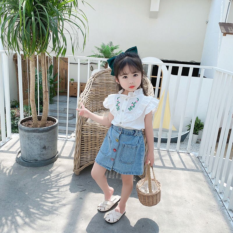 Falda vaquera de verano para niños, Pantalones vaqueros de una sola hilera de botones para niñas, falda acampanada, ropa informal para niñas pequeñas W130