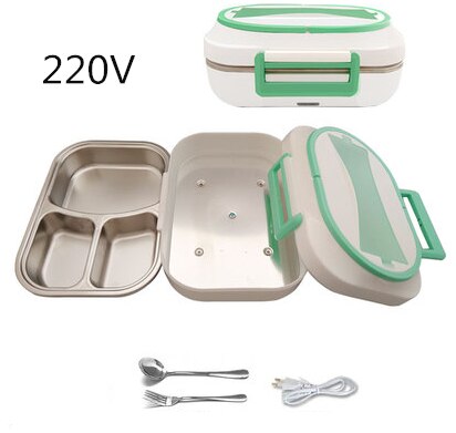 12V 24V 220V 1L Household Car Electric Heating Box With Stainless Steel Inner Mini Portable Electric Multi Cooker: green 220V