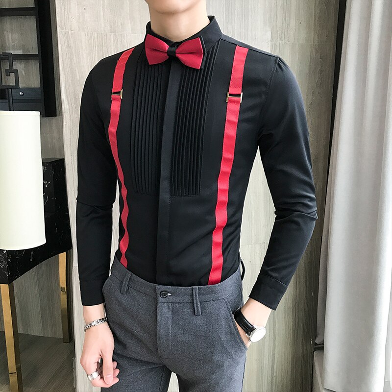 Camisa de esmoquin para hombre, camisa con lazo en el pecho plisado con correa, manga larga, vestido de ajustado, blusa negra