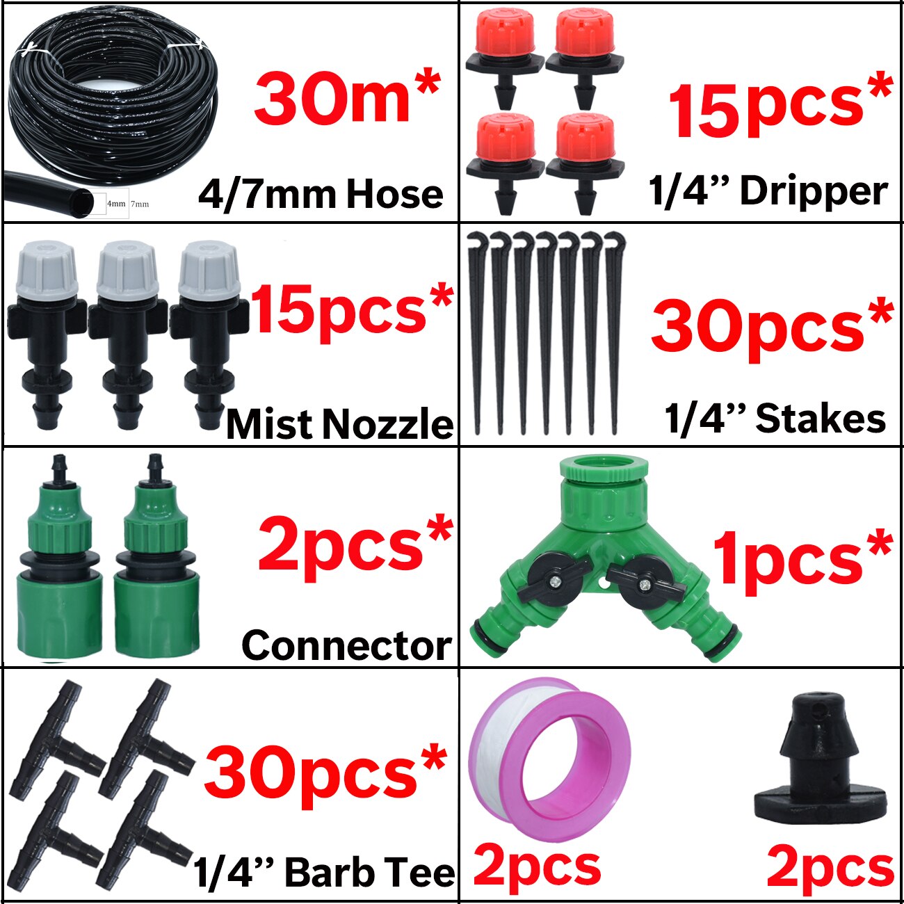 25M DIY Drip Irrigation System Automatic Watering Irrigation System Kit Garden Hose Micro Drip Watering Kits Adjustable Dripper: KSL01-001-30M-B