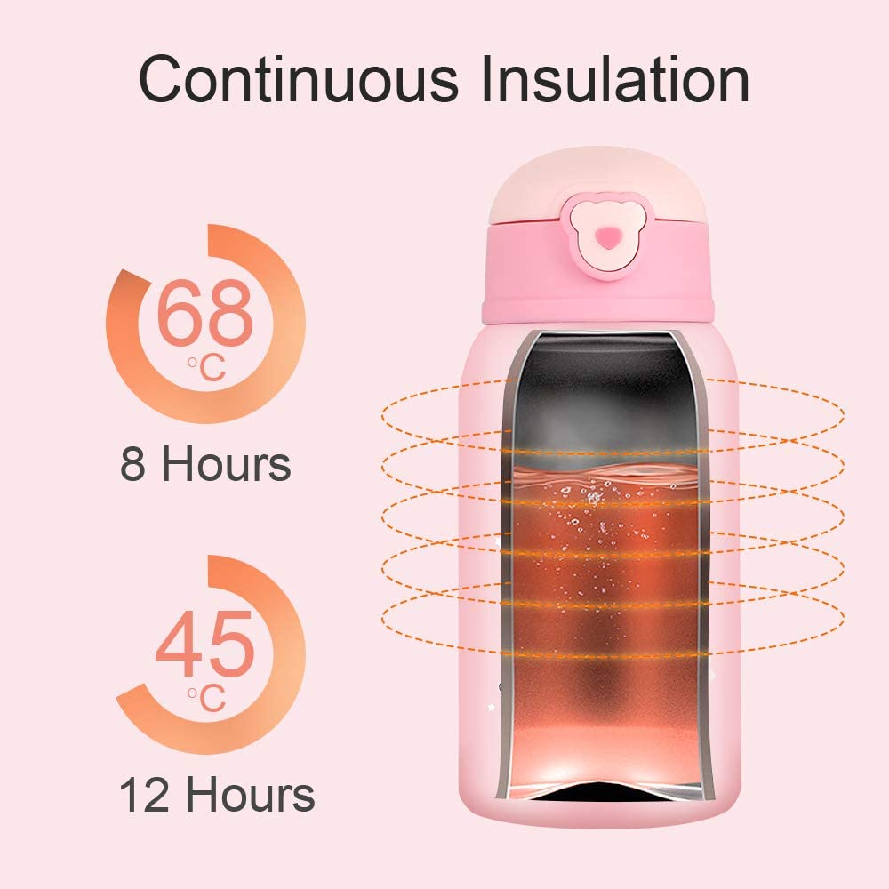 600ml barn vattenflaska, rostfri vakuum termoskopp med sugrör bpa fri isolerad vattenflaska med rem och extra lock