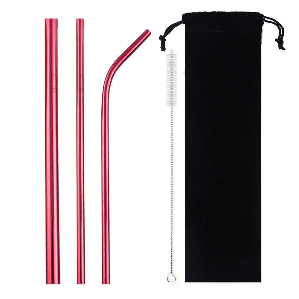 5-Pcs Metal Reusable Straw Colorful Pink Eco-Friendly Drinking Straws Set 304 Stainless Steel Straw Set with Brush Pouch Bag: Red