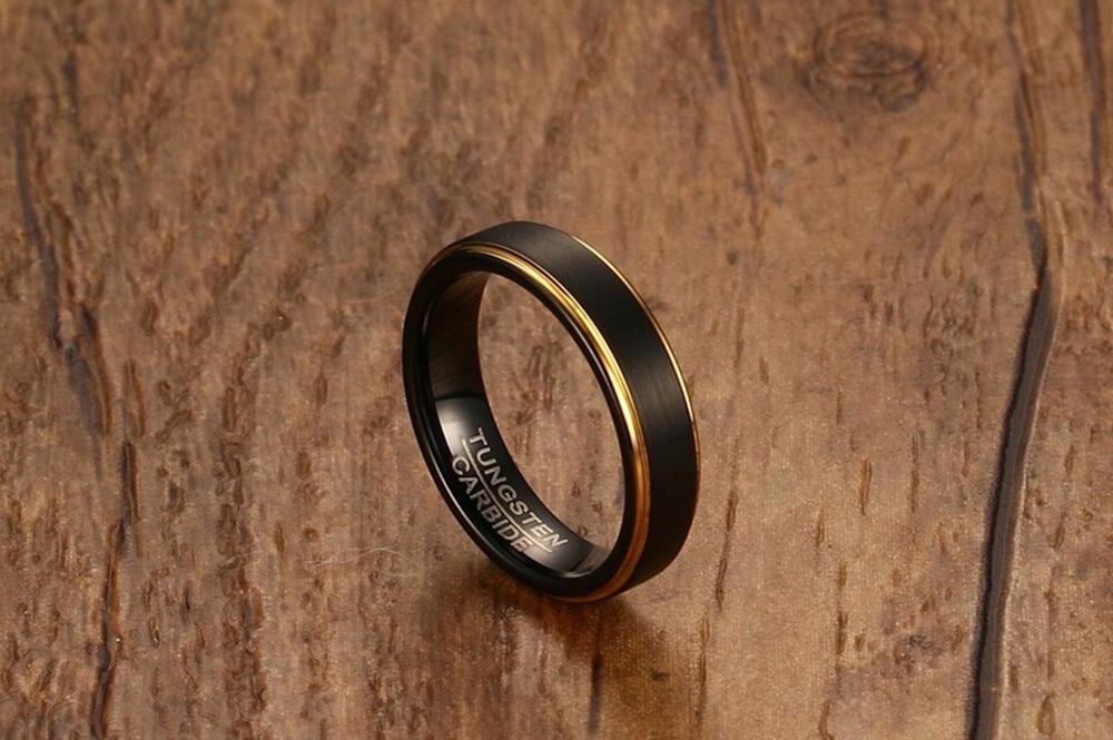 POYA 5mm Black Tungsten Ring Mens Womens Wedding Band with Frosted Gold Edges Comfort Fit